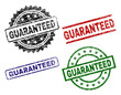 GUARANTEED seal stamps with damaged texture. Black, green,red,blue vector rubber prints of GUARANTEED caption with retro texture. Rubber seals with round, rectangle, medallion shapes.