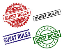 GUEST RULES Seal Prints With Distress Texture. Black, Green,red,blue Vector Rubber Prints Of GUEST RULES Label With Corroded Texture. Rubber Seals With Round, Rectangle, Rosette Shapes.