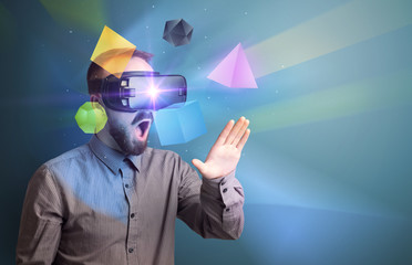 Poster - Amazed businessman with virtual reality colorful geometric shapes in front of him