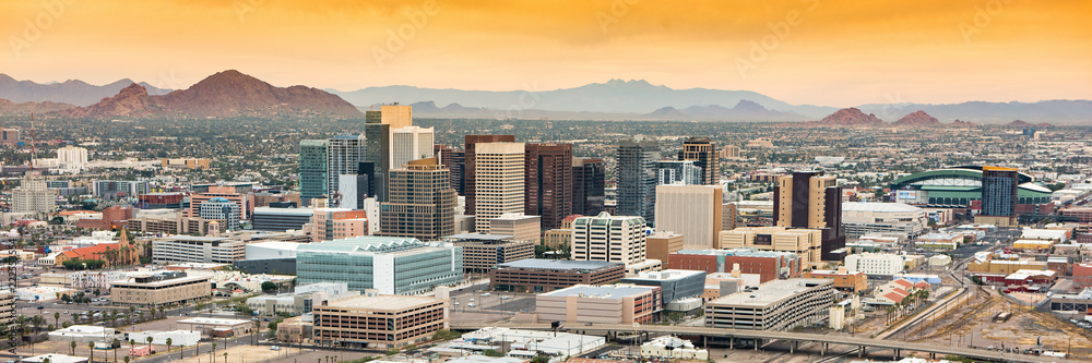 Panoramic aerial view over Downtown Phoenix, Arizona - obrazy, fototapety, plakaty 