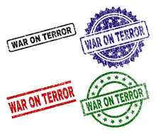 WAR ON TERROR Seal Prints With Distress Texture. Black, Green,red,blue Vector Rubber Prints Of WAR ON TERROR Caption With Dirty Texture. Rubber Seals With Circle, Rectangle, Rosette Shapes.