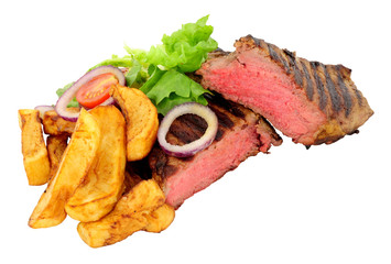 Wall Mural - Rare cooked sirloin steak and chips meal with salad, isolated on a white background