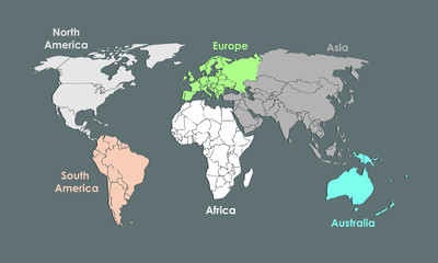 A colorful world map of different continents and colors vector illustration