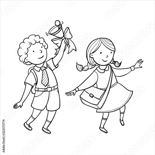 Hand Drawing Vector School Clip Art With Kids Children Run Happily To School A Girl With A Briefcase And A Boy With A Bell Stock Vector Adobe Stock