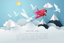 Paper Art Bird And Airplane Fly Above The Cloud, Travel And Freedom Concept