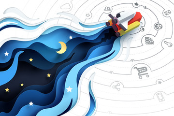 Wall Mural - Paper art of spaceship fly to explore, social media marketing concept and start up business idea