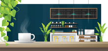 Cup Of Coffee On Wooden Table With Interior Coffee Shop Background , Vector , Illustration