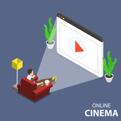 Canvas Print - Flat isometric vector concept of online home theatre, mobile movie.