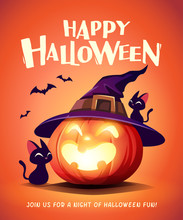 Happy Halloween. Halloween Pumpkin. Black Cat And Jack O Lantern Pumpkin With Witch Hat.