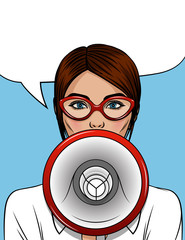 Wall Mural - Vector illustration of a beautiful girl with a loudspeaker in her hand. The office manager speaks in a megaphone. Portrait of a young girl in red glasses on a blue background with a mouthpiece