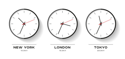 Poster - World time. Simple Clock icons in flat style. New York, London, Tokyo. Watch on white background. Business illustration for you presentation. Vector design objects.