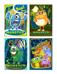 Set of cute colorful monster cards. Cartoon monsters posters for party invitation, copybooks, prints etc.