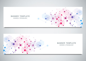 Wall Mural - Vector banners design for medicine, science and digital technology. Molecular structure background and communication with connected lines and dots.