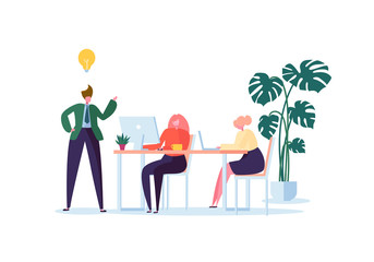 Poster - Office Workers Working with Computers. Flat Business People Characters with Laptop. Team Work Organization Process Concept. Vector illustration