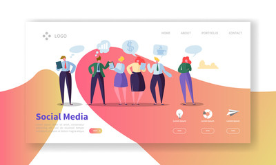 Social Media Landing Page Template. Website Layout with Flat People Characters Communicating. Easy to Edit and Customize Mobile Web Site. Vector illustration