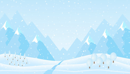 Sticker - Flat design illustration of winter mountain landscape with hills, trees under blue sky and snow, suitable as Christmas or New Year greeting card