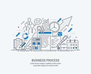 Sticker - Flat line-art illustration of business process, market research, analysis, planning, business management, strategy, finance and investment, business success. 