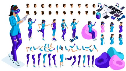 Poster - large isometric set of gestures of hands and feet girls 3d teenager, gamer, student, generation z. c