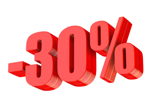 30 percent discount 3d rendered red text isolated on white background