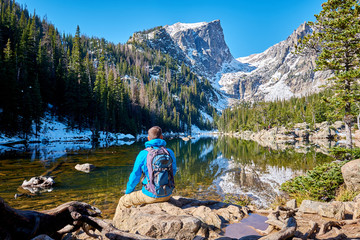 Wall Mural - Tourist near Dream Lake in Colorado