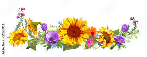 Horizontal autumn’s border: sunflowers, blue anemones, thistles, gerbera dais...