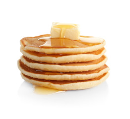 Wall Mural - Stack of pancakes with butter and honey on white background