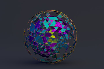 Poster - Abstract 3d rendering of polygonal sphere. Geometric shape, futuristic modern background design for poster, cover, branding, banner, placard.