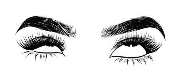 Wall Mural - Illustration of woman's sexy expressive  eye roll with perfectly shaped eyebrows and full lashes. Hand-drawn Idea for business visit card, typography vector. Perfect salon look.Hollow style