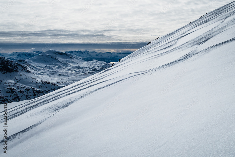 ski tracks in powder snow on a mountain