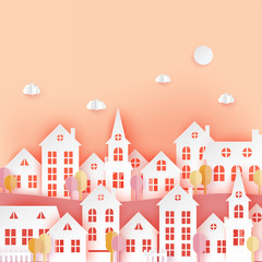 Sticker - Urban countryside landscape village with cute paper houses, trees and fluffy clouds. Autumn pastel colored paper cut background