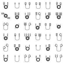 Icons Of Cord And Cable With Plugs Of Thin Lines, Vector Illustration.