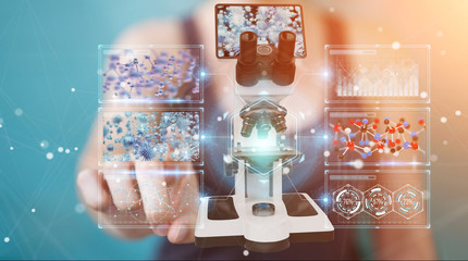 Aufkleber - Businesswoman using modern microscope with digital analysis 3D rendering