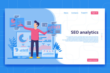 Poster - seo analytics landing page. search engine optimization analysis concept. it specialist works with an