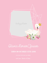 Baby Arrival Announcement With Illustration Of Beautiful Swan, Place For Baby Photo And Name, Greetings Or Invitation Card, Geometric Floral Frame In Vector