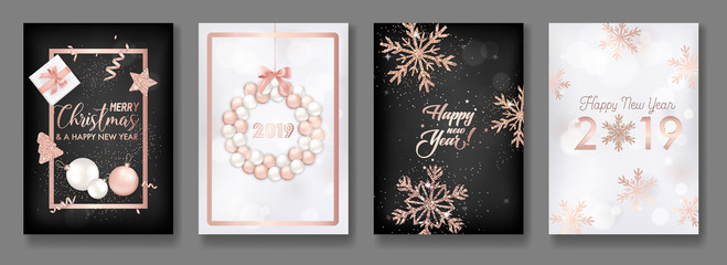 Set of Elegant Merry Christmas and New Year 2019 Cards with Shining Rose Gold Glitter Christmas Balls, Stars, Snowflakes for greetings, invitation, flyer, brochure, cover in vector