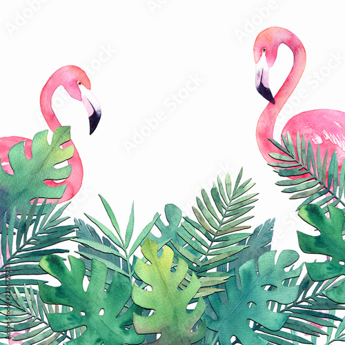Exotic tropical palm tree and flamingo. Frame border background. Summer hand ...