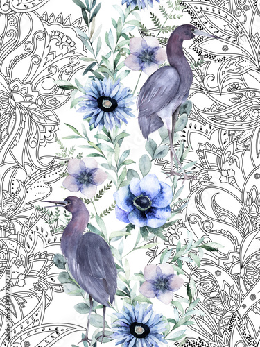Watercolor seamless border. Botanical floral pattern with blue heron and pais...