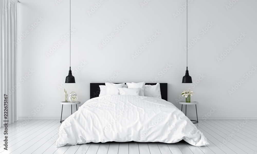 white bedroom interior for mockup, 3D rendering - obrazy, fototapety, plakaty 