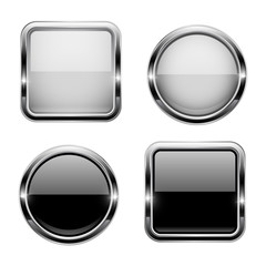 Wall Mural - Black and white buttons with chrome frame. Round and square glass shiny 3d icons