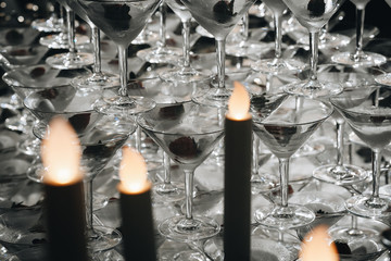 Wall Mural - festive pyramid of champagne glasses with strawberries.