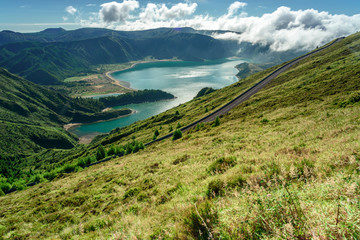 Wall Mural - view of the lake of fire, panorama of the lagoa do fogo (lake of fire) in azores portugal