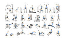 Set Of Workout For Men On Exercise Machines.