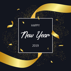 Aufkleber - 2019 Happy New Year holiday card with gold confetti and golden stripe. Celebration banner, poster with frame and decoration. Vector illustration.