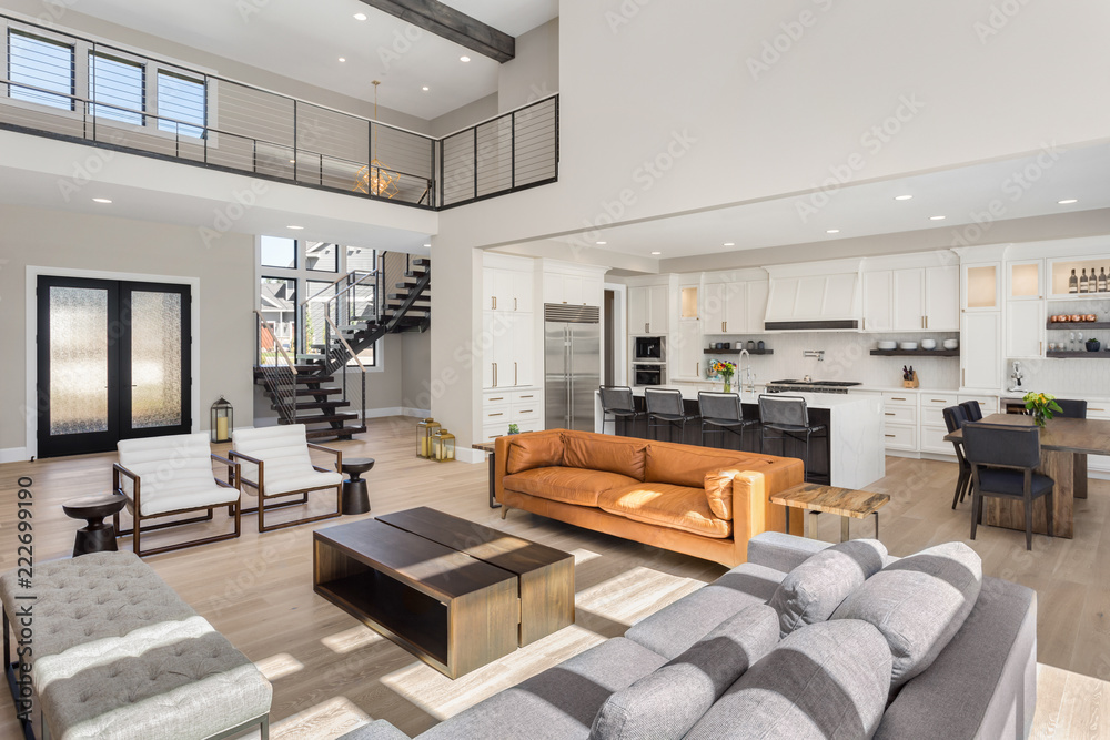 Beautiful living room interior in new luxury home with open concept ...