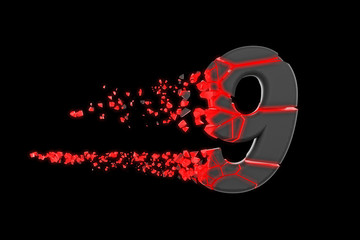 Aufkleber - Broken shattered fast sporty alphabet number 9. Crushed speedy racing font. 3D render isolated on black background.