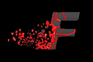 Aufkleber - Broken shattered fast sporty alphabet letter F uppercase. Crushed speedy racing font. 3D render isolated on black background.