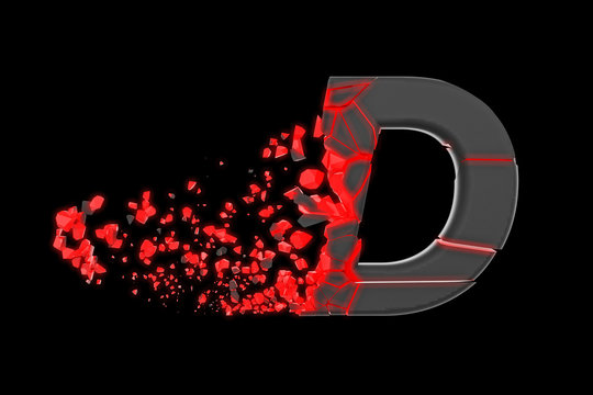 Broken shattered fast sporty alphabet letter D uppercase. Crushed speedy racing font. 3D render isolated on black background.