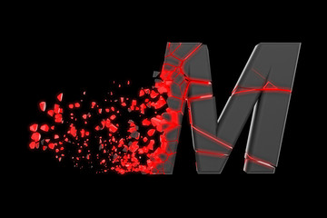 Aufkleber - Broken shattered fast sporty alphabet letter M uppercase. Crushed speedy racing font. 3D render isolated on black background.