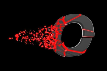 Aufkleber - Broken shattered fast sporty alphabet letter O uppercase. Crushed speedy racing font. 3D render isolated on black background.