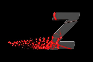 Aufkleber - Broken shattered fast sporty alphabet letter Z uppercase. Crushed speedy racing font. 3D render isolated on black background.